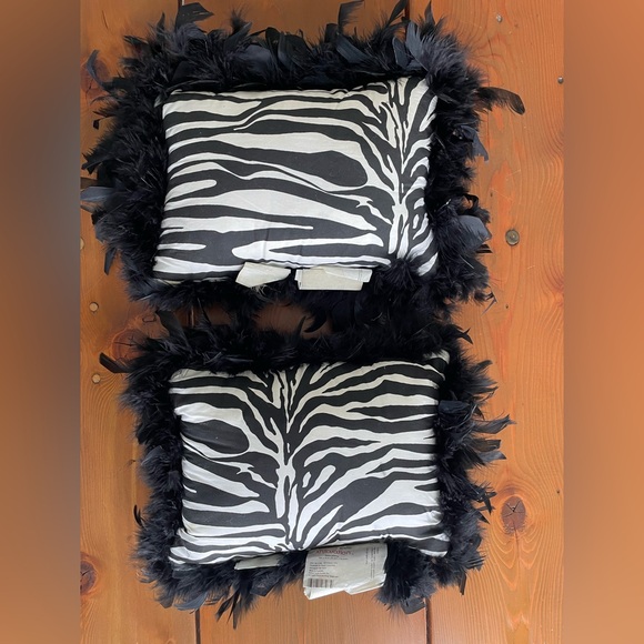 Pair Of Throw Pillows - Black & White Zebra Strip Pattern Black Feather Trim - Picture 3 of 7